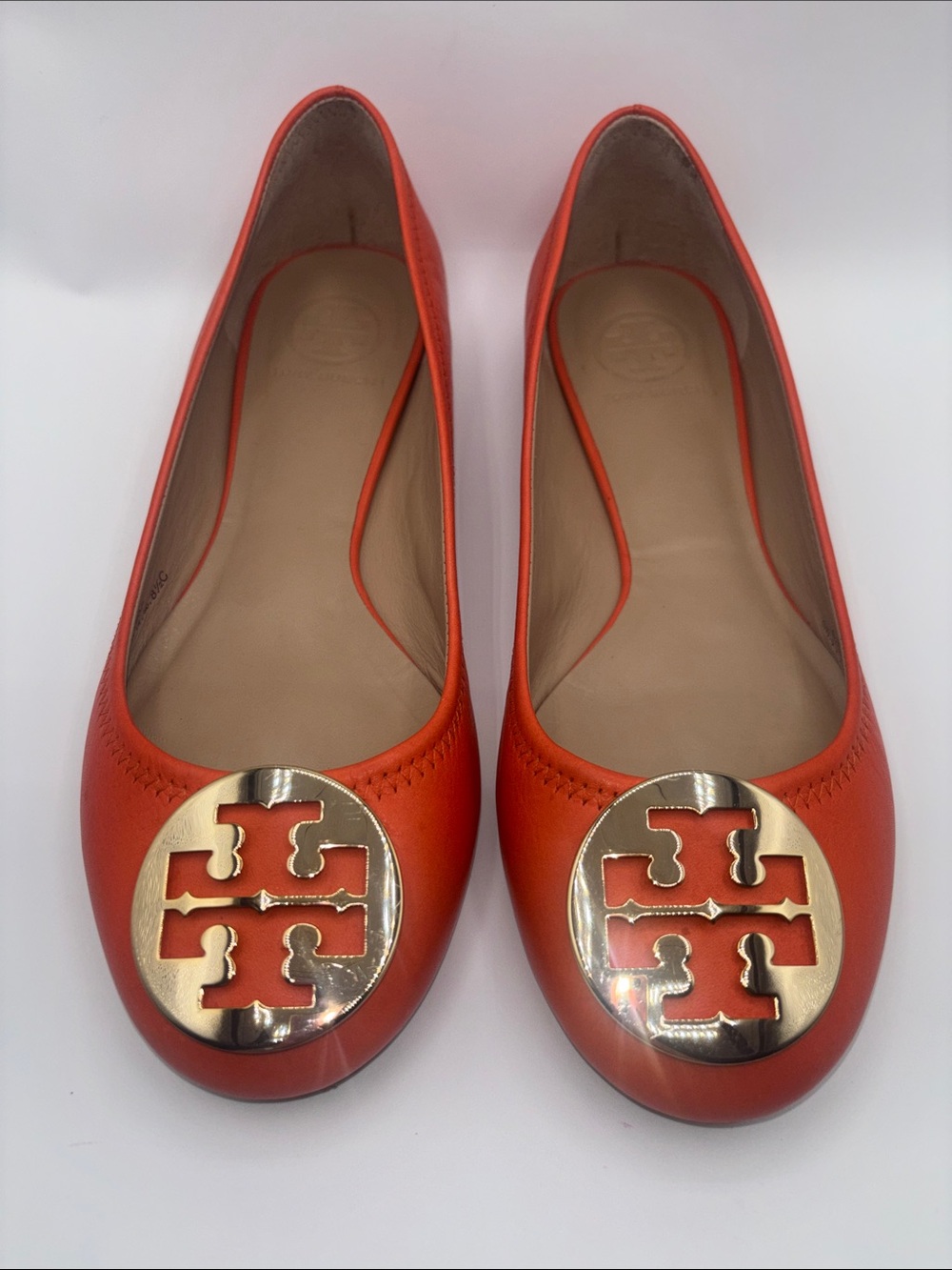 Tory Burch Orange Leather Flats with Gold Logo Medallion